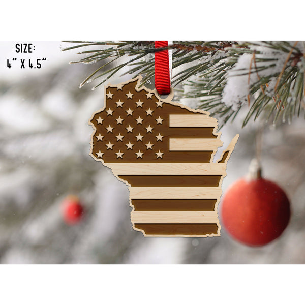 American Flag State Outline Ornament ( Available In All 50 States) Ornament Shop LazerEdge WI - Wisconsin Maple 