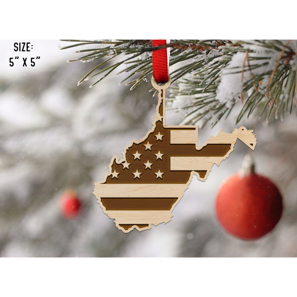 American Flag State Outline Ornament ( Available In All 50 States) Ornament Shop LazerEdge WV - West Virginia Maple 