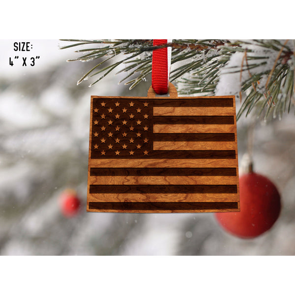 American Flag State Outline Ornament ( Available In All 50 States) Ornament Shop LazerEdge WY - Wyoming Cherry 