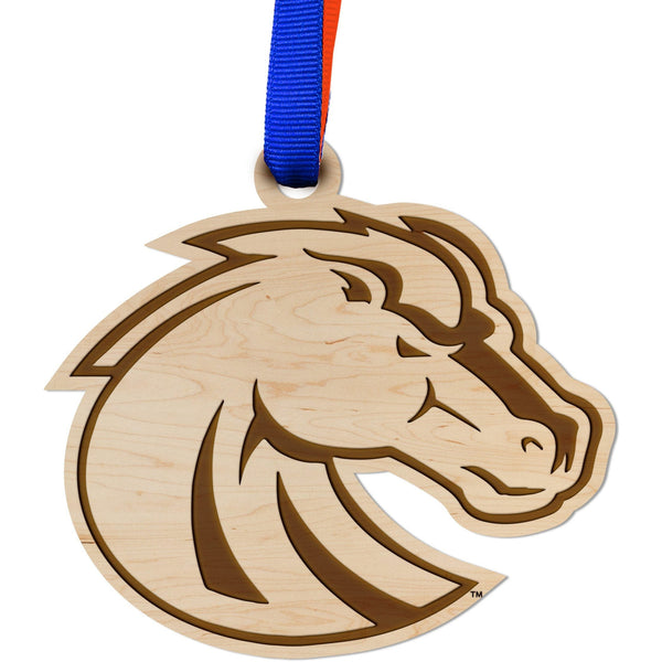 Boise State Broncos Ornament – Crafted from Cherry and Maple Wood – Click to see Multiple Designs Available – Boise State University (BSU) Ornament Shop LazerEdge Bronco Head Maple 