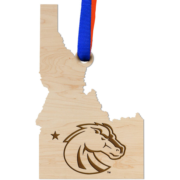 Boise State Broncos Ornament – Crafted from Cherry and Maple Wood – Click to see Multiple Designs Available – Boise State University (BSU) Ornament Shop LazerEdge Logo on State Outline Maple 