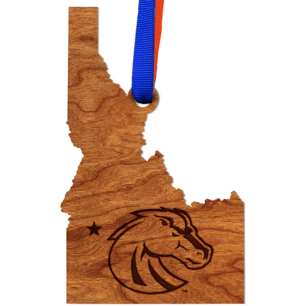 Boise State Broncos Ornament – Crafted from Cherry and Maple Wood – Click to see Multiple Designs Available – Boise State University (BSU) Ornament Shop LazerEdge Logo on State Outline Cherry 