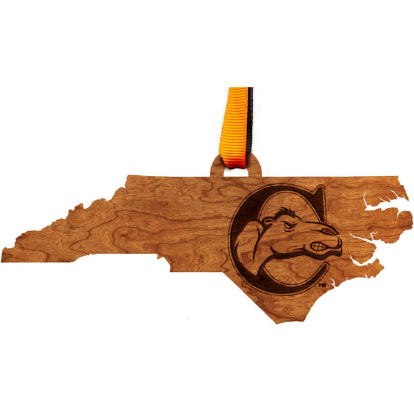 Campbell Camels Ornament – Crafted from Cherry and Maple Wood – Click to see Multiple Designs Available – Campbell University Ornament Shop LazerEdge Cherry Logo on State 