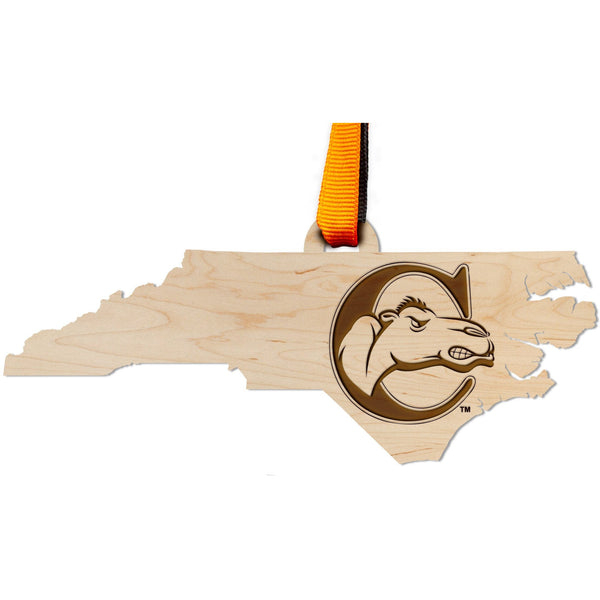 Campbell Camels Ornament – Crafted from Cherry and Maple Wood – Click to see Multiple Designs Available – Campbell University Ornament Shop LazerEdge Maple Logo on State 