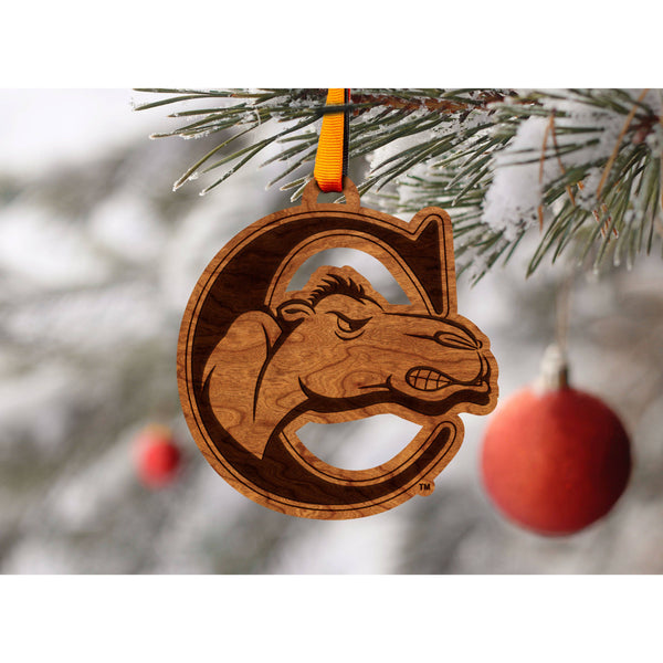 Campbell Camels Ornament – Crafted from Cherry and Maple Wood – Click to see Multiple Designs Available – Campbell University Ornament Shop LazerEdge 