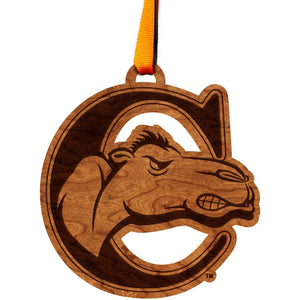 Campbell Camels Ornament – Crafted from Cherry and Maple Wood – Click to see Multiple Designs Available – Campbell University Ornament Shop LazerEdge Cherry Campbell C 