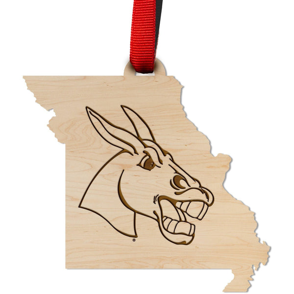 Central Missouri Mules Ornament – Crafted from Cherry and Maple Wood – Click to see Multiple Designs Available – The University of Central Missouri Ornament Shop LazerEdge Maple Logo on State 