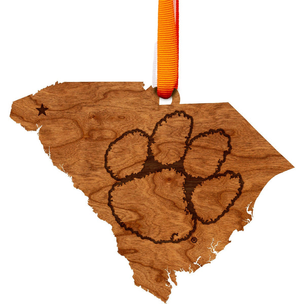 Clemson - Ornament - State Map with Tiger Paw Wireframe Ornament LazerEdge 