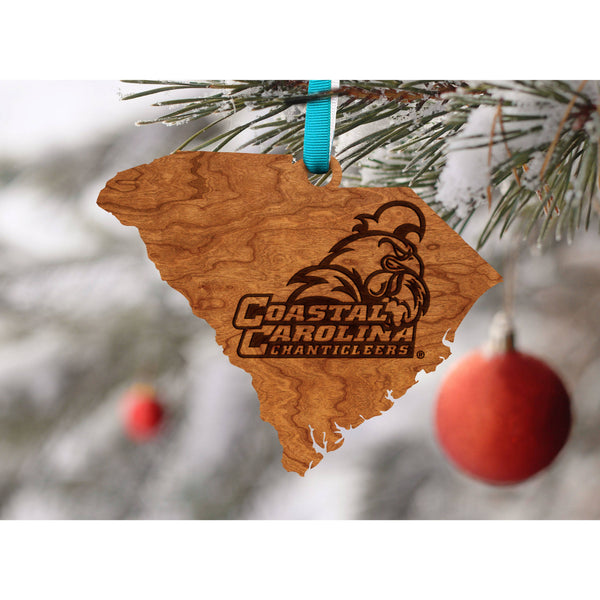Coastal Carolina - Ornament - State Map with Rooster -Turquoise and White Ribbon Ornament LazerEdge 