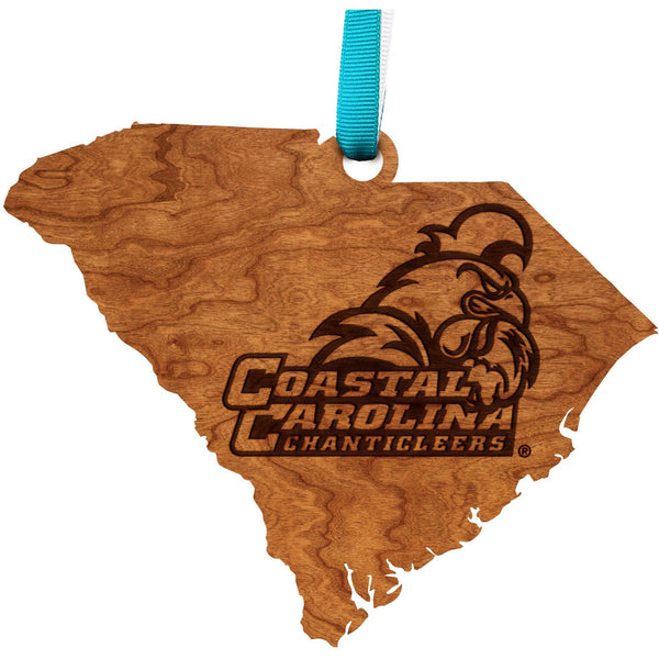Coastal Carolina - Ornament - State Map with Rooster -Turquoise and White Ribbon Ornament LazerEdge 