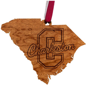 College of Charleston - Ornament - State Map with Block "C" - Maroon and White Ribbon Ornament LazerEdge 