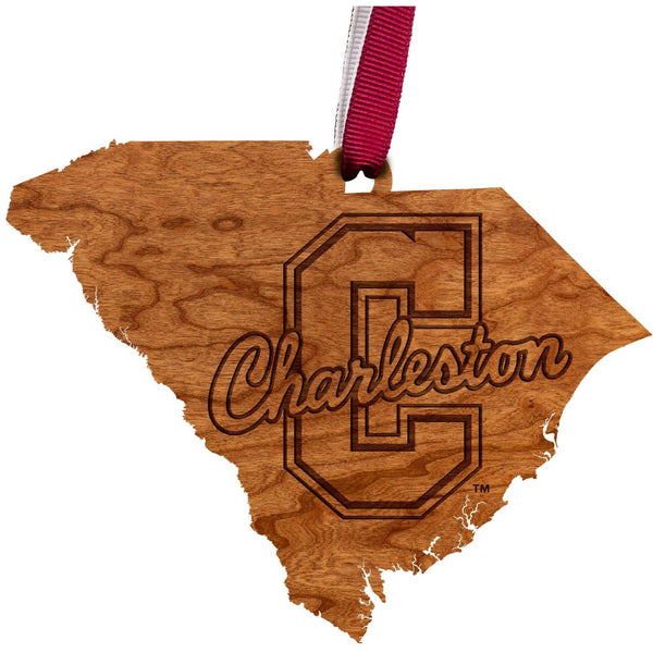 College of Charleston - Ornament - State Map with Block "C" - Maroon and White Ribbon Ornament LazerEdge 