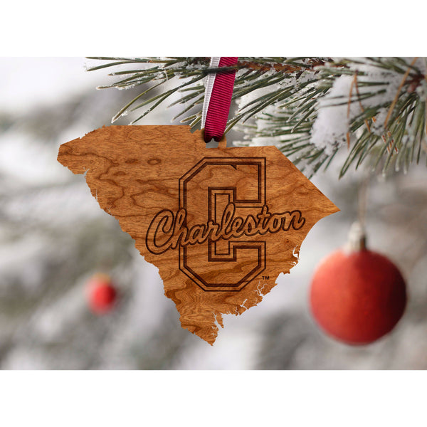 College of Charleston - Ornament - State Map with Block "C" - Maroon and White Ribbon Ornament LazerEdge 