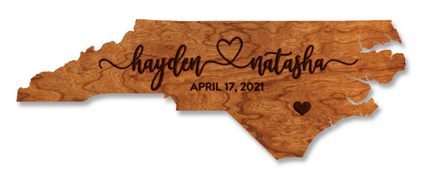 Custom North Carolina Wedding Magnet - State Shape with Custom Names connected by Heart and Date Magnet LazerEdge Cherry 