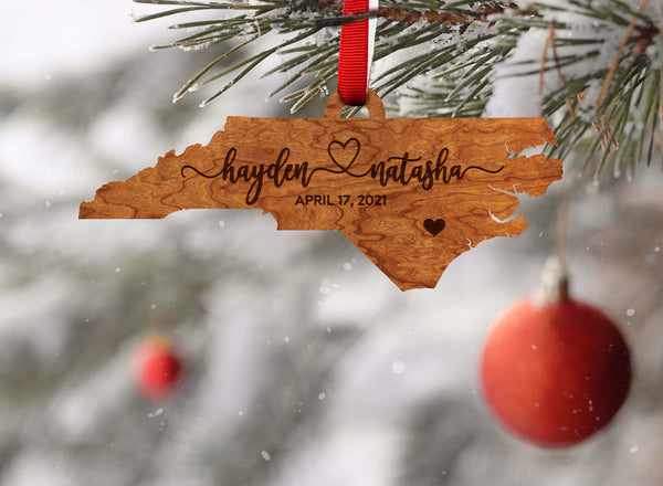 Custom North Carolina Wedding Ornament - State Shape with Custom Names and Date Ornament LazerEdge 