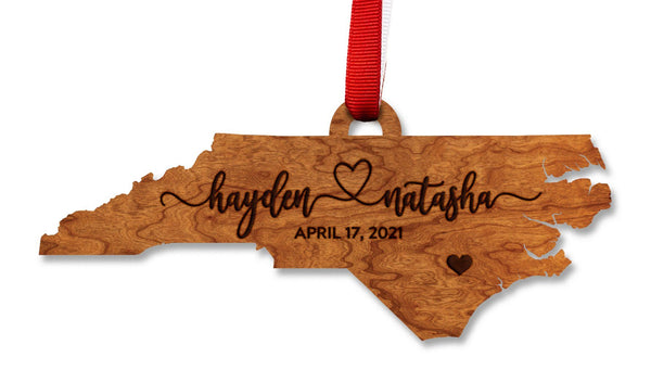 Custom North Carolina Wedding Ornament - State Shape with Custom Names and Date Ornament LazerEdge Cherry 