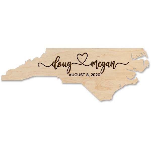 Custom North Carolina Wedding Wall Hanging - Custom Names with Heart and Date Wall Hanging LazerEdge Standard Maple 
