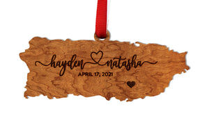 Custom Puerto Rico Wedding Ornament - State Shape with Custom Names and Date Ornament LazerEdge Cherry 
