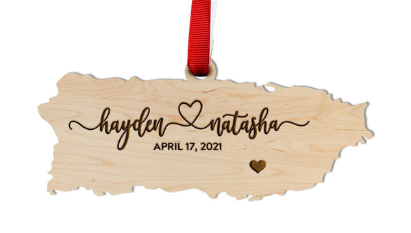 Custom Puerto Rico Wedding Ornament - State Shape with Custom Names and Date Ornament LazerEdge Maple 