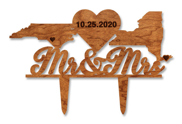 Custom Wedding Cake Topper - "Mr & Mrs" with States, Custom City Hearts, and Custom Date in Large Heart Cake Topper Shop LazerEdge Cherry 
