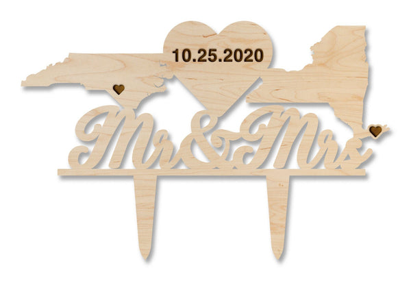 Custom Wedding Cake Topper - "Mr & Mrs" with States, Custom City Hearts, and Custom Date in Large Heart Cake Topper Shop LazerEdge Maple 