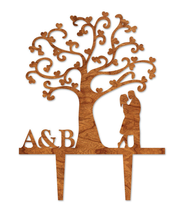 Custom Wedding Cake Topper - Tree and Couple with Custom Initials Cake Topper Shop LazerEdge Cherry 