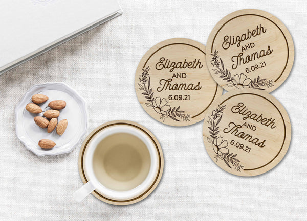 Custom Wedding Coaster - Floral Design with Custom Names and Date Coaster Shop LazerEdge 