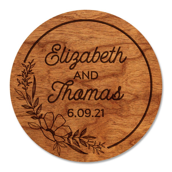 Custom Wedding Coaster - Floral Design with Custom Names and Date Coaster Shop LazerEdge Cherry 