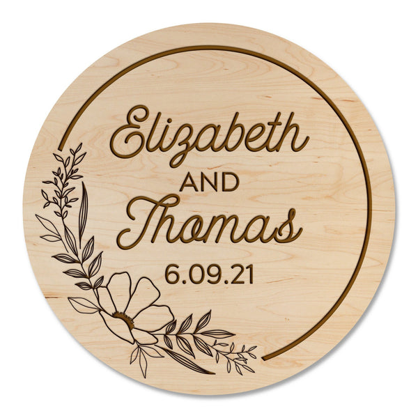 Custom Wedding Coaster - Floral Design with Custom Names and Date Coaster Shop LazerEdge Maple 