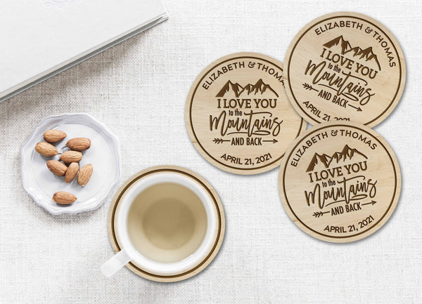 Custom Wedding Coaster - "I Love You to the Mountains and Back" Custom Names and Date Coaster Shop LazerEdge 