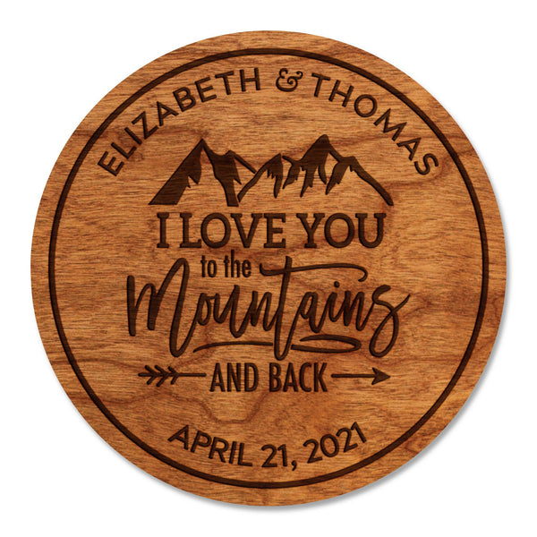 Custom Wedding Coaster - "I Love You to the Mountains and Back" Custom Names and Date Coaster Shop LazerEdge Cherry 