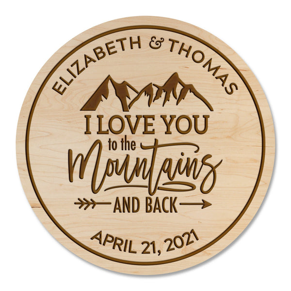 Custom Wedding Coaster - "I Love You to the Mountains and Back" Custom Names and Date Coaster Shop LazerEdge Maple 