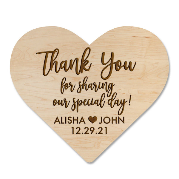 Custom Wedding Magnet - Heart "Thank you for Sharing Our Special Day" Custom Names and Date Magnet Shop LazerEdge Maple 