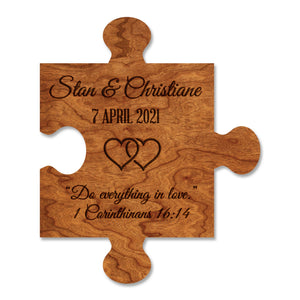 Custom Wedding Magnet - Puzzle Piece Custom Name, Date, and Quote Magnet Shop LazerEdge Cherry 