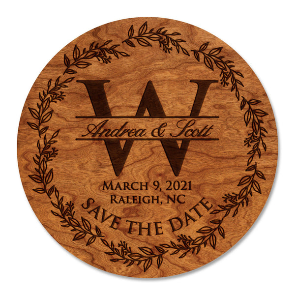 Custom Wedding Magnet - "Save the Date" Circular Design with Custom Initial, Names, Date, and Location Magnet Shop LazerEdge Cherry 