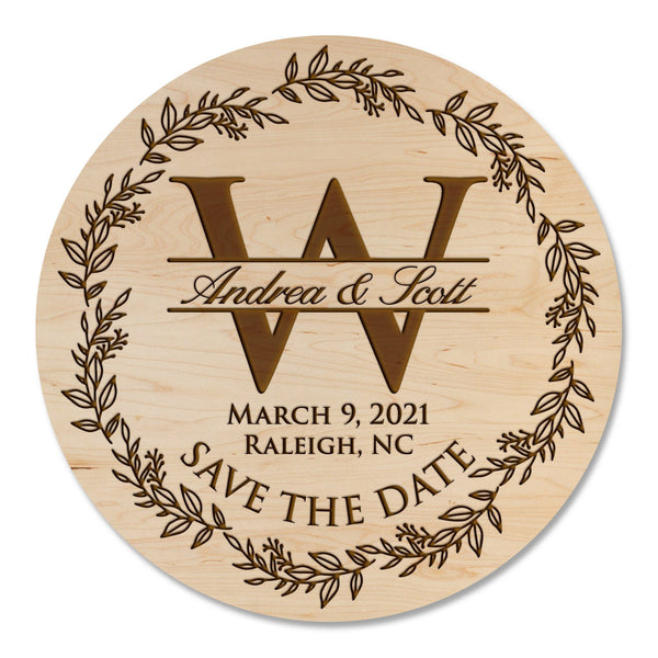 Custom Wedding Magnet - "Save the Date" Circular Design with Custom Initial, Names, Date, and Location Magnet Shop LazerEdge Maple 