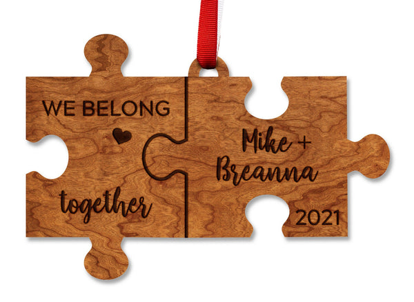Custom Wedding Ornament - Puzzle Pieces "We Belong Together" Custom Names and Date Ornament LazerEdge Cherry 