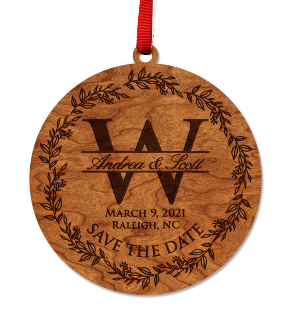 Custom Wedding Ornament - "Save the Date" Circular Design with Custom Initial, Names, Date, and Location Ornament LazerEdge Cherry 