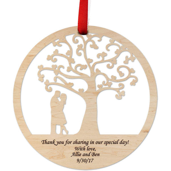 Custom Wedding Ornament - Tree and Couple, Custom Text Front and Back Ornament LazerEdge Maple 