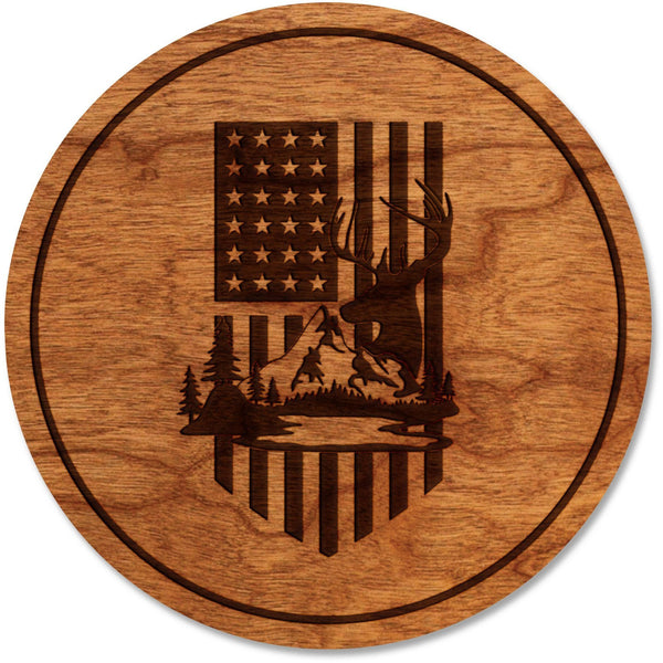 Deer Hunting Coaster - Deer with American Flag Coaster Shop LazerEdge Cherry 