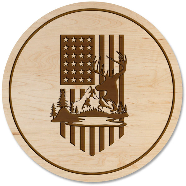 Deer Hunting Coaster - Deer with American Flag Coaster Shop LazerEdge Maple 