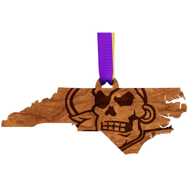 ECU Pirates Ornament – Crafted from Cherry and Maple Wood – Click to see Multiple Designs Available – East Carolina University (ECU) Ornament LazerEdge Cherry Skull and Bones on State 