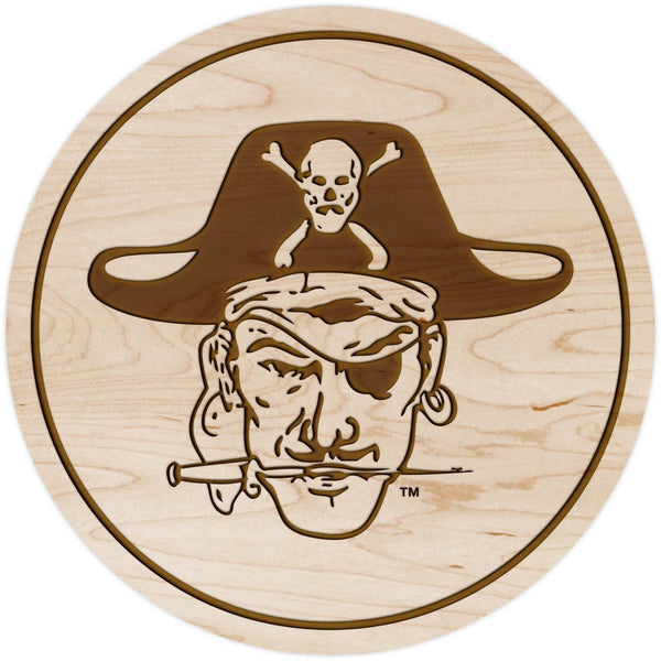 ECU Pirates Coaster Vault Pirate Head with Knife Coaster Shop LazerEdge Maple 