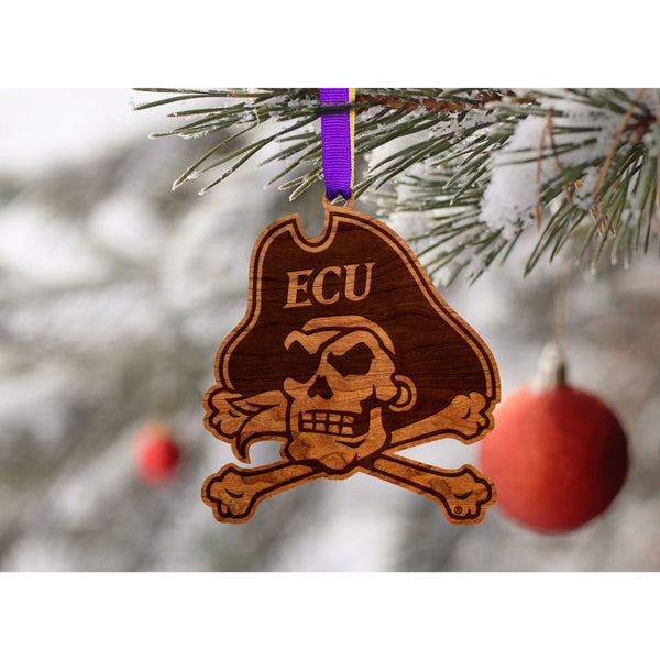 ECU Pirates Ornament – Crafted from Cherry and Maple Wood – Click to see Multiple Designs Available – East Carolina University (ECU) Ornament LazerEdge 