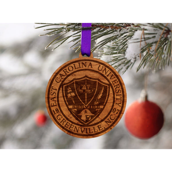 ECU Pirates Ornament – Crafted from Cherry and Maple Wood – Click to see Multiple Designs Available – East Carolina University (ECU) Ornament LazerEdge Cherry ECU Seal 
