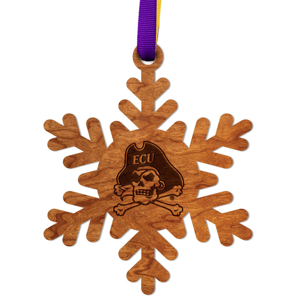 ECU Pirates Ornament – Crafted from Cherry and Maple Wood – Click to see Multiple Designs Available – East Carolina University (ECU) Ornament LazerEdge Cherry ECU Snowflake 
