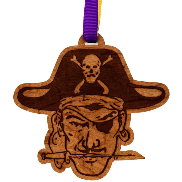 ECU Pirates Ornament – Crafted from Cherry and Maple Wood – Click to see Multiple Designs Available – East Carolina University (ECU) Ornament LazerEdge Cherry Vault Pirate 