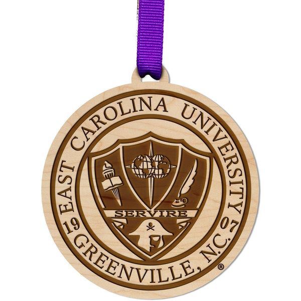 ECU Pirates Ornament – Crafted from Cherry and Maple Wood – Click to see Multiple Designs Available – East Carolina University (ECU) Ornament LazerEdge Maple ECU Seal 