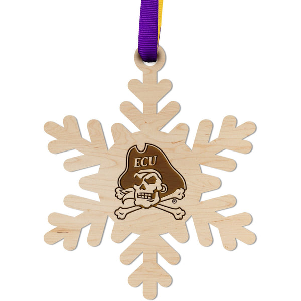 ECU Pirates Ornament – Crafted from Cherry and Maple Wood – Click to see Multiple Designs Available – East Carolina University (ECU) Ornament LazerEdge Maple ECU Snowflake 