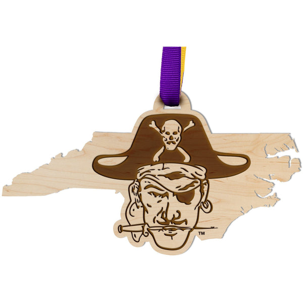 ECU Pirates Ornament – Crafted from Cherry and Maple Wood – Click to see Multiple Designs Available – East Carolina University (ECU) Ornament LazerEdge Maple Pirate on State 